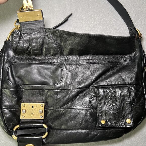 Vintage Juicy Couture Leather Purse Y2K Handbag Black Brass Chunky Chain - Picture 3 of 16